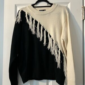 Black and Cream Sweater with Fringe Detail